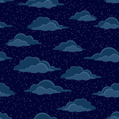 Cloudscape Seamless Background, Cumulus Clouds and White Stars on Dark Blue Night Sky. Vector