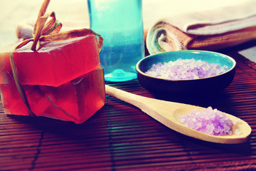 Spa still life with soap, bath salt, cream,towel,candles