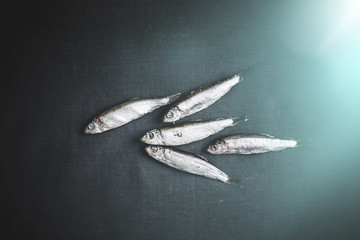 Fish. Herring on the table, dark background. Place for text. Dried.