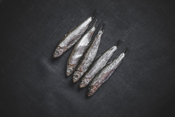 Fish. Herring on the table, dark background. Place for text. Dried.