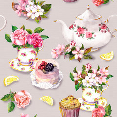 Teatime pattern: flowers, teacup, cake, teapot. Watercolor. Seamless background