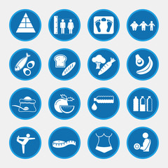 Icon set of obesity related diseases and prevention, blue circle buttons