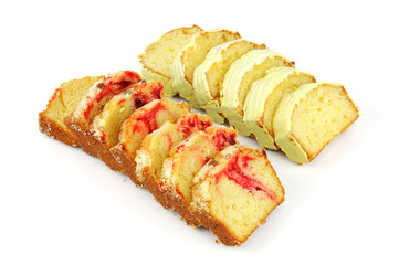 close up on fresh cakes sliced in rows