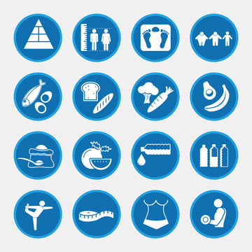 Icon set of obesity related diseases and prevention, blue circle buttons