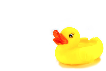 Yellow toy rubber duck mouth, red - Stuffed duck white backgroun