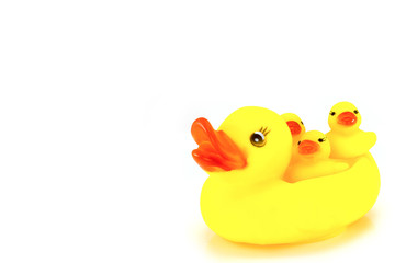Yellow toy rubber duck mouth, red - Stuffed duck white backgroun