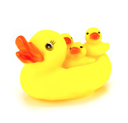 Yellow toy rubber duck mouth, red - Stuffed duck white backgroun