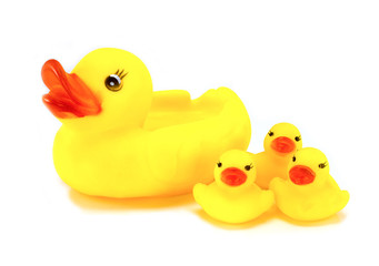 Yellow toy rubber duck mouth, red - Stuffed duck white backgroun