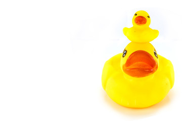 Yellow toy rubber duck mouth, red - Stuffed duck white backgroun