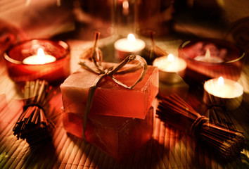 Spa still life with soap, bath salt, cream,towel,candles