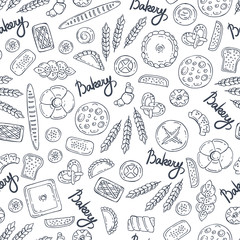 Pattern with hand drawn isolated bakery products on white background. Pattern on the theme of food