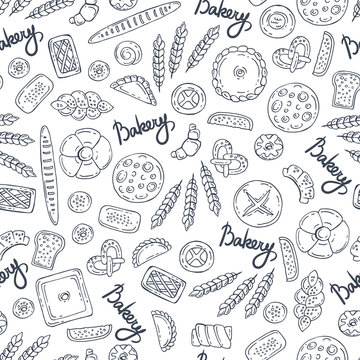 Pattern with hand drawn isolated bakery products on white background. Pattern on the theme of food
