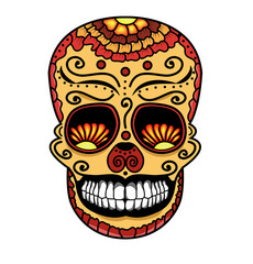 Vector illustration of a colored mexican skull for tattoo, teschio messicano colorato vettoriale per tatuaggi