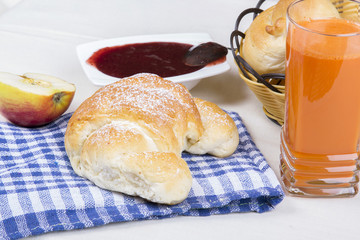 croissant, juice, bagels and jam, breakfast ingredients
