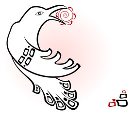 Decorative ethnic picture in the style of Indian and Northern Russian populations from the silhouettes of the white Raven and the sun. EPS10 vector illustration.