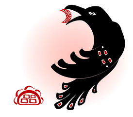 Decorative ethnic picture in the style of legends of Indian and Northern Russian populations from the black crow silhouettes, the sun and the moon. EPS10 vector illustration.