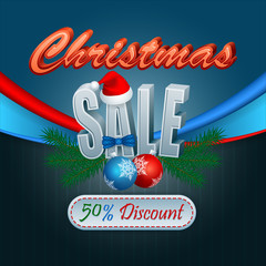 Holiday design with 3d text, Santa's hat and Christmas ornaments, for Christmas sales, commercial event