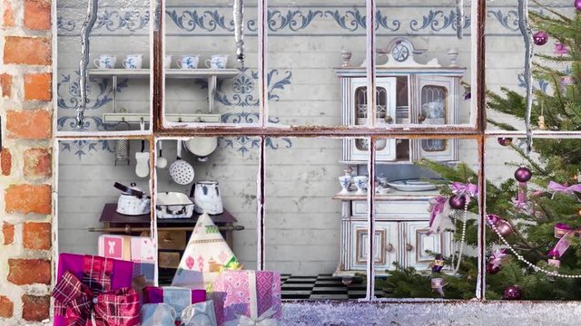 Weihnachten Fenster zeigt K&uuml;che und Weihnachtsbaum