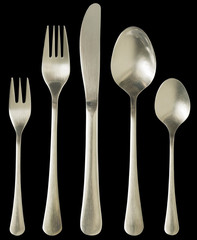 Cutlery Set Of Knife With Dinner And Dessert Forks With Soup And Dessert Spoons Isolated On Black...