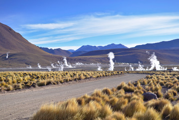 Obraz premium Majestic view of geysers field seen from afar just after sunrise.