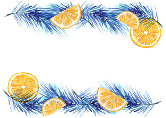 Watercolor frame. Spruce, pine, fir branches with citrus, orange, cloves. On a white background. Used for various decoration and design