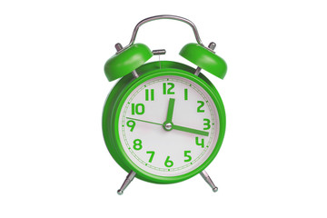 Green retro alarm clock on white background