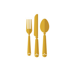 eat  logo with spoon knife and fork gold color icon ,template logo for restaurants, cafe, fast food