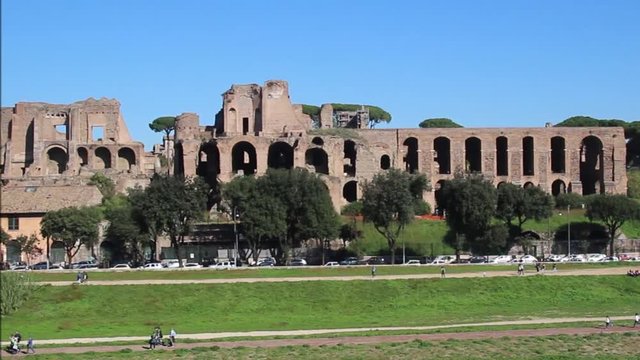 Rome, Italy, Circo Massimo and ruins of Roman Forum on Palatine hill