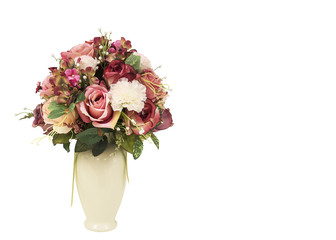 Artificial flowers in the white big vase for interior decoration over white background. Photo is...