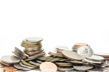 Coin pile Thai baht, on white background, Isolated