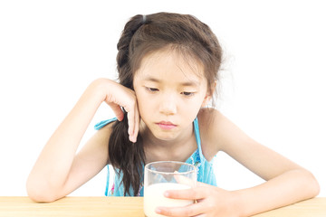 Asian girl is showing dislike drinking milk expression over white background