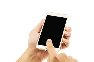 Isolated male hands holding and pushing home button of white bla