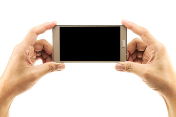Isolated male hands holding and pushing home button of white blank screen smart mobile phone.