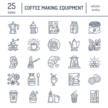 Vector line icons of coffee making equipment. Elements - moka pot, french press, coffee grinder, espresso, vending, coffee plant. Linear restaurant, shop pictogram with editable stroke for coffee menu
