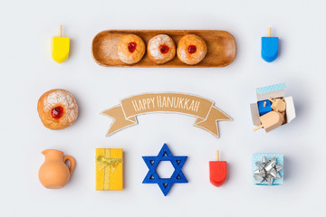 Hanukkah holiday food and objects for mock up template design.View from above. Flat lay