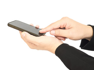 A business mas hands is using / pushing mobile phone. Photo is isolated over white and included clipping path.