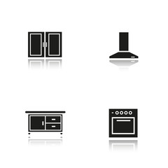 Kitchen interior drop shadow black icons set