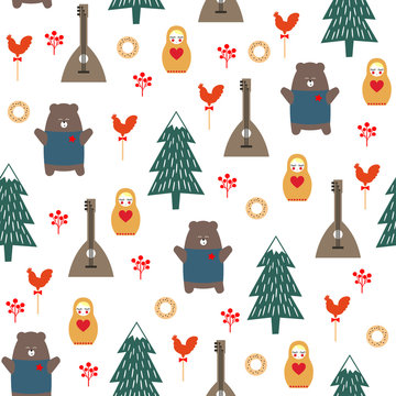 Russian symbols seamless pattern. Cute cartoon illustration with bear, fir tree, balalaika, nested doll. Russian design for wrapping paper, textile, fabric etc. Child drawing style vector background.