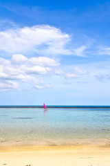 Boat with pink sail in the sea