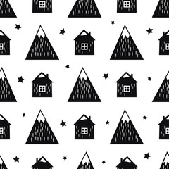 Black and white nordic mountains, houses and stars. Seamless pattern with geometric snowy mountains and homes. Simple scandinavian nature illustration. Vector mountains background.