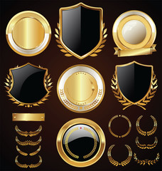 Vector medieval golden shields laurel wreaths and badges collection