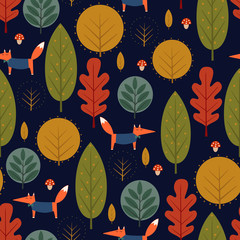 Autumn trees and fox seamless pattern on dark blue background. Decorative forest vector illustration. Cute wild animals nature background. Scandinavian style design for textile, wallpaper, fabric. - 125931866