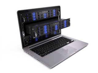 Computer rack servers in laptop screen - 3d illustration