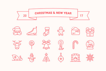 Set of vector thin line icons for Christmas and New Year holidays. 