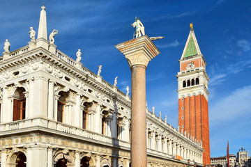 Naklejka premium column of St Theodore and campanile, Venice