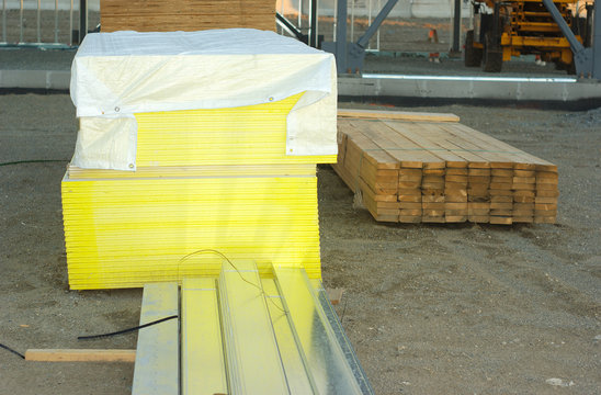gyproc panels or wooden plywood on construction site
