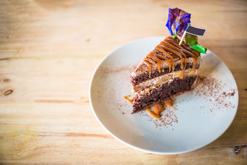 Chocolate cake Topped with caramel.