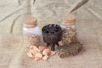 Set of natural incense with musk, benzoin resin, sandalwood and Patchouli with copper censer