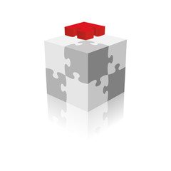 Cube Puzzle. Grayscale With A Red Piece. Vector Illustration