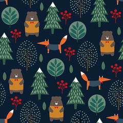 Fox, bear, trees and berries seamless pattern on dark blue background. Christmas scandinavian style nature illustration. Winter forest with animals and xmas tree design for textile, wallpaper, fabric. - 125938842